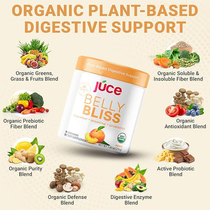 Júce Belly Bliss, Peachy Greens, 30 servings, Probiotics + Greens, Bloating Support with Plant-Based Digestive Enzymes, Dietary Supplement Powder - By Terra Kai Organics