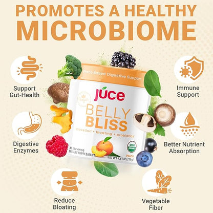 Júce Belly Bliss, Peachy Greens, 30 servings, Probiotics + Greens, Bloating Support with Plant-Based Digestive Enzymes, Dietary Supplement Powder - By Terra Kai Organics