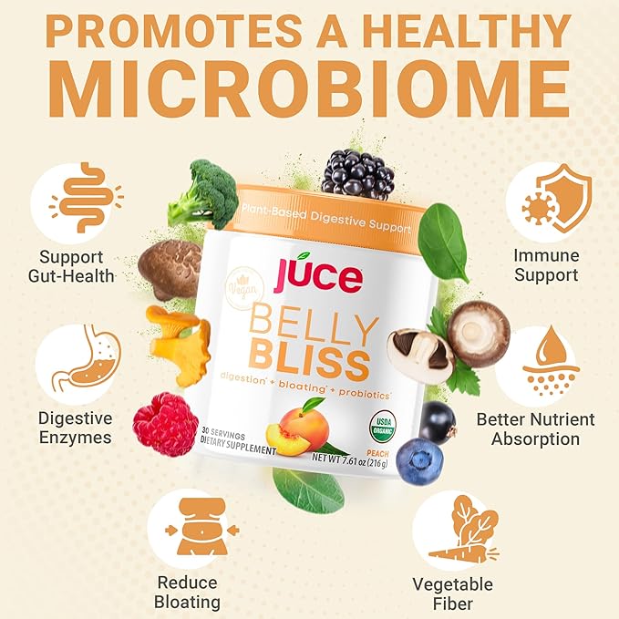 Júce Belly Bliss, Peachy Greens, 30 servings, Probiotics + Greens, Bloating Support with Plant-Based Digestive Enzymes, Dietary Supplement Powder - By Terra Kai Organics