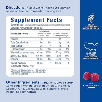 Mommy's Bliss Kids Elderberry Gummies, Supports Immunity with Black Elderberry, Zinc & Vitamin C, Gluten Free & Vegan, Age 2 Years+ (60 Count)