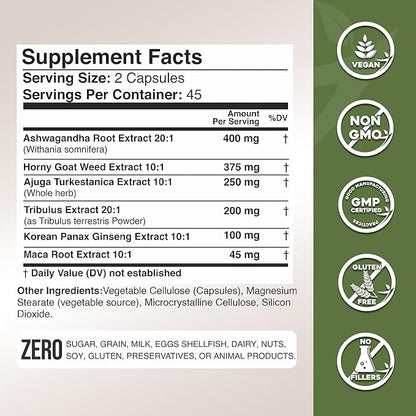 Gade Nutrition Ashwagandha with Maca Root, Horny Goat Weed, Turkesterone Supplement, Tribulus Terrestris, Panax Ginseng | 90 Vegetable Capsules for Energy, Stamina, Performance. | Made in USA