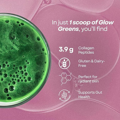 Glow Greens Powder, Collagen with Probiotics, Vitamins, Digestive Enzymes, Superfoods, Gut Health, Bloating Relief, Radiant Skin, Natural Glow, Spirulina, Juice Mix, 30 SVG, Mango