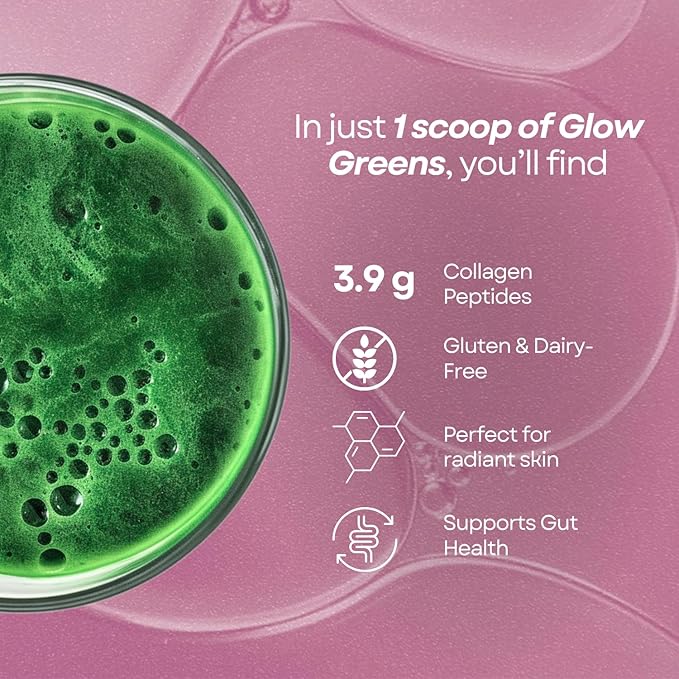 Glow Greens Powder, Collagen with Probiotics, Vitamins, Digestive Enzymes, Superfoods, Gut Health, Bloating Relief, Radiant Skin, Natural Glow, Spirulina, 30 SVG, Pineapple Coconut