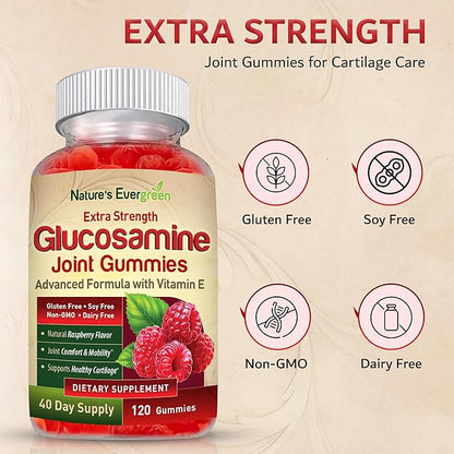 Extra Strength Glucosamine Joint Support Gummy Supplement | Natural Joint Health Support & Flexibility for Back, Knees, & Hands | Vitamin E for Immune Support for Women & Men | 120 Gummies