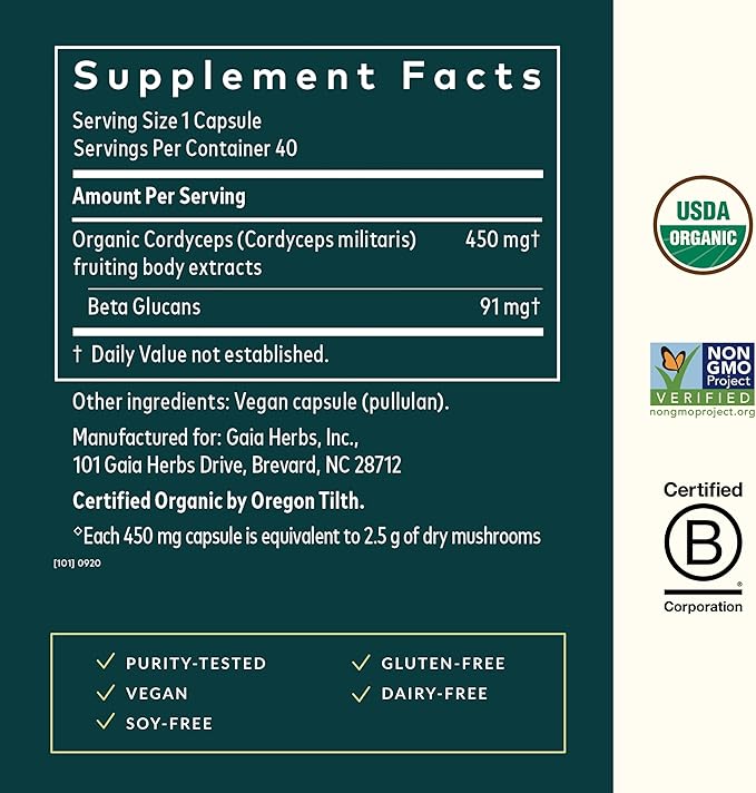 Gaia Herbs Cordyceps Mushroom - Energy Support Supplement for Sustaining Energy, Endurance, and Stamina - with Organic Cordyceps Mushroom - 40 Vegan Liquid Phyto-Capsules (40-Day Supply)