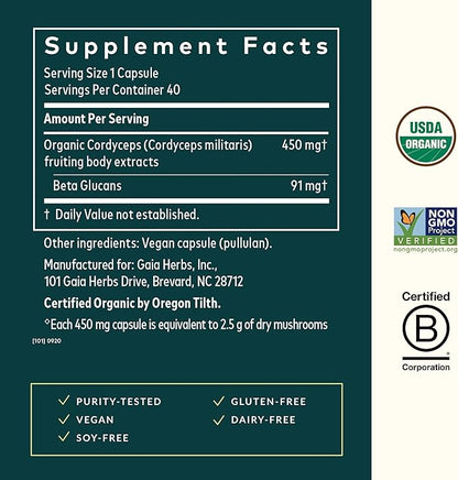 Gaia Herbs Cordyceps Mushroom - Energy Support Supplement for Sustaining Energy, Endurance, and Stamina - with Organic Cordyceps Mushroom - 40 Vegan Liquid Phyto-Capsules (40-Day Supply)