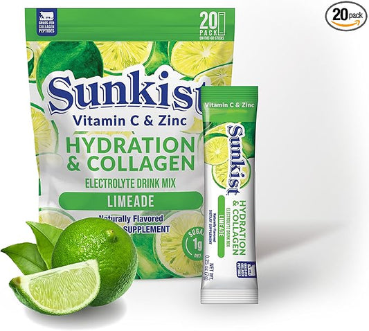 The Frozen Bean Sunkist Collagen Drink Mix - Hydration Limeade Electrolyte Drink for Women with Vitamin C, Zinc, Collagen Peptides, Naturally Flavored - 20 Packs