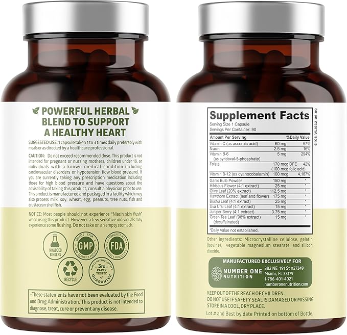 N1N Premium Blood Pressure Support with Hawthorn and Hibiscus [13 Potent Ingredients], Natural Supplement to Support Blood Flow Health, 90 Caps