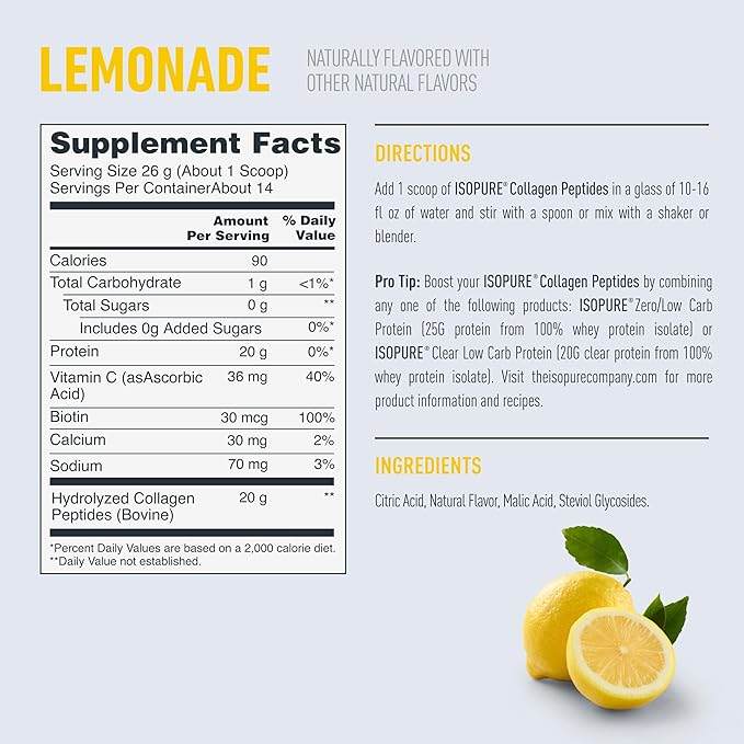 Isopure Collagen Peptides Powder, Promotes Hair, Nail, Skin and Joint Health, with Vitamin C and Biotin, Lemonade, 20g Collagen Peptides Per Serving, 11.36 Oz, 14 Servings (Packaging May Vary)