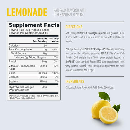 Isopure Collagen Peptides Powder, Promotes Hair, Nail, Skin and Joint Health, with Vitamin C and Biotin, Lemonade, 20g Collagen Peptides Per Serving, 11.36 Oz, 14 Servings (Packaging May Vary)