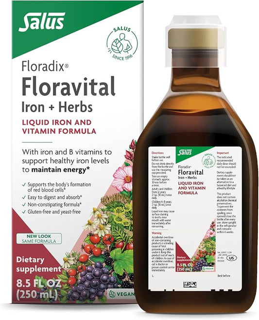 Floradix Floravital Liquid Iron & Vitamins Formula - Liquid Iron Supplement with B Complex Vitamins, Vitamin C & Herbs for Energy Support* - Vegan, Gluten-Free, Yeast- Free, Non-GMO - 8.5 Fl Oz