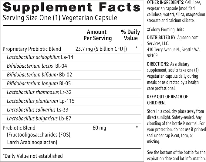 Amazon Basics - Probiotic, 5 Billion CFU, 8 Probiotic strains with 60 mg Prebiotic Blend, 60 Count Vegetarian Capsules, 2 Month Supply, Supports Healthy Digestion (Previously Solimo)
