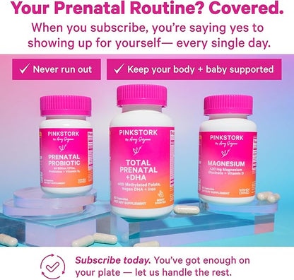 Pink Stork Total Prenatal Vitamins with DHA, Folate, Iron, Choline, and Vitamin B12 - Prenatals for Women to Support Fetal Development, Pregnancy Must Haves, Berry Essence, 60 Capsules, 1 Month Supply