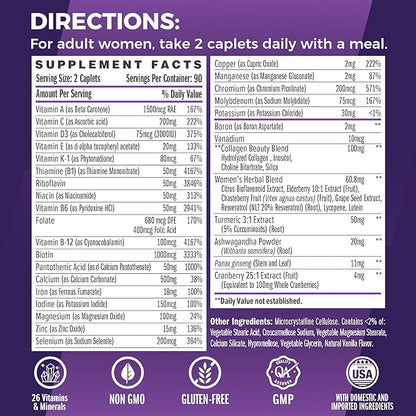 Vitamin World Ultra 360 Multivitamin for Women, Women's Multivitamin with Herbs & Collagen for Hair, Skin & Nails, Supplement with Iron, Vitamin A, B, C, D, E for Energy & Immune Support, 180 Caplets