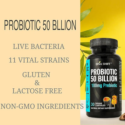 Probiotics 50 Billion - 11 Strain Live Probiotic Prebiotic for Men & Women - Best to Support Digestive & Immune Health. with Lactobacillus Gasseri - Guaranteed Potency to Expiration