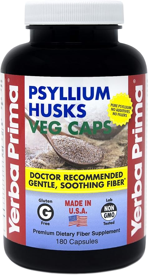 Yerba Prima Psyllium Husks, 180 Veg Capsules (625mg) - Vegan, Non-GMO, Gluten Free, Colon Cleanser, Daily Fiber Supplement for Gut Health & Regularity