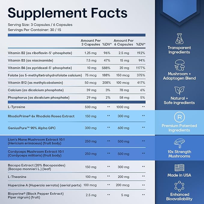 Nootropic Strongest Focus Supplement - Clinically Backed Ingredients Made in USA - Scientifically Backed Doses - Supplement for Brain Fog - AlphaGPC, Lions Mane, Rhodiola and More 10:1 90 Capsules