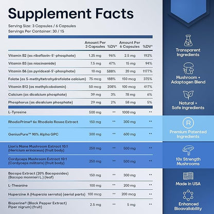Nootropic Strongest Focus Supplement - Clinically Backed Ingredients Made in USA - Scientifically Backed Doses - Supplement for Brain Fog - AlphaGPC, Lions Mane, Rhodiola and More 10:1 90 Capsules