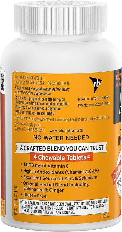 Airborne Vitamin C 1000mg (per Serving) - Citrus Chewable Tablets (96 Count in a Box), Gluten-Free Immune Support Supplement with Vitamins A C E, Zinc, Selenium, Echinacea, Ginger, Antioxidants