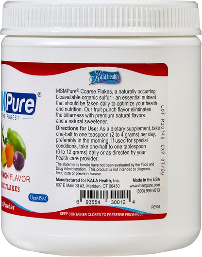 Kala Health MSMPure Fruit Punch Flavored, 1 lb, Coarse Powder Flakes, Organic Sulfur Crystals, 99.9% Pure Distilled MSM Supplement, Made in The USA