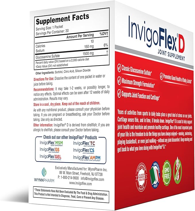 INVIGOFLEX® D - 1500mg of Glucosamine Sulfate Powder (Classic Formulation) - Premium Joint Supplement for Knees, Hands, Back, and Hip Support Packets | 30 Packets