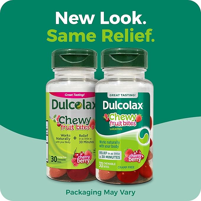 Dulcolax Saline Laxative Chewy Fruit Bites, Fast-Acting Laxative & Gentle Constipation Relief, Cherry Berry Flavor, Magnesium Hydroxide 600 mg, 30 Count