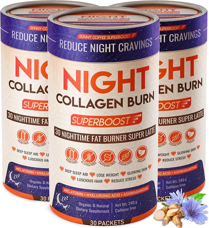 Night Collagen Burn, Nighttime Fat Burner & Weight Loss Support, Natural Deep Sleep SuperLatte, Appetite Suppressant, Skin, Hair, Nails & Joints Support, Superboost 30 Servings (Pack of 3)