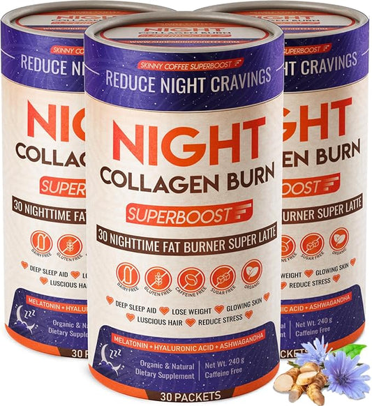 Night Collagen Burn, Nighttime Fat Burner & Weight Loss Support, Natural Deep Sleep SuperLatte, Appetite Suppressant, Skin, Hair, Nails & Joints Support, Superboost 30 Servings (Pack of 3)