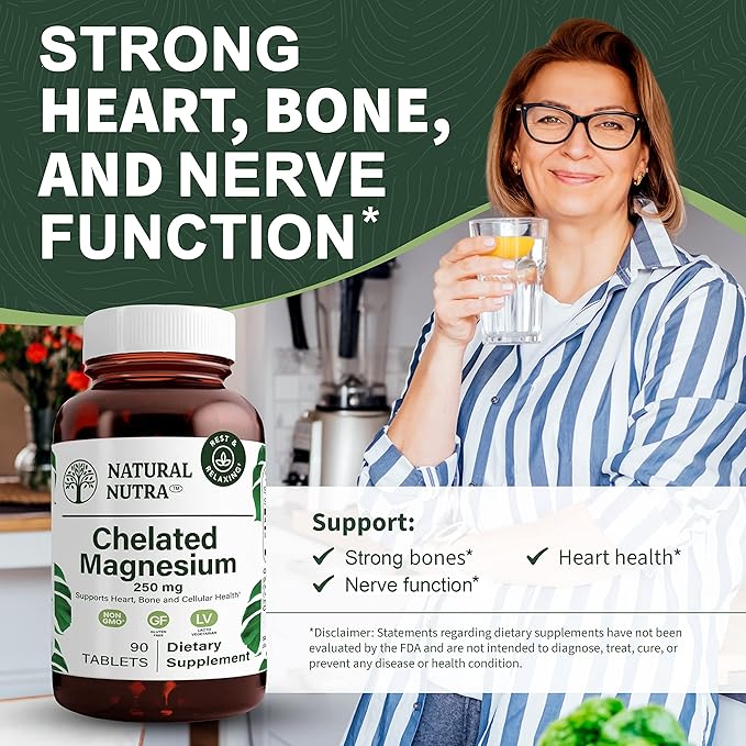 Natural Nutra Chelated Magnesium Oxide 250 mg - High Absorption for Strong Bones, Heart Health, Energy Boost, Gluten-Free, Non-GMO, 90 Tablets (3 Pack) in BPA-Free Recyclable Glass Bottles