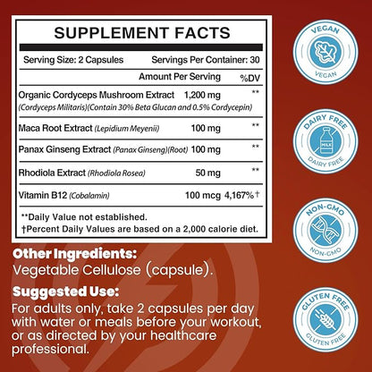 Cordyceps Mushroom Capsules - Immune & Energy Support Supplement with Cordyceps Militaris, Maca Root, Ginseng, Rhodiola, Mushroom Supplement for Endurance, Stamina, Athletic Performance, 60 Capsules