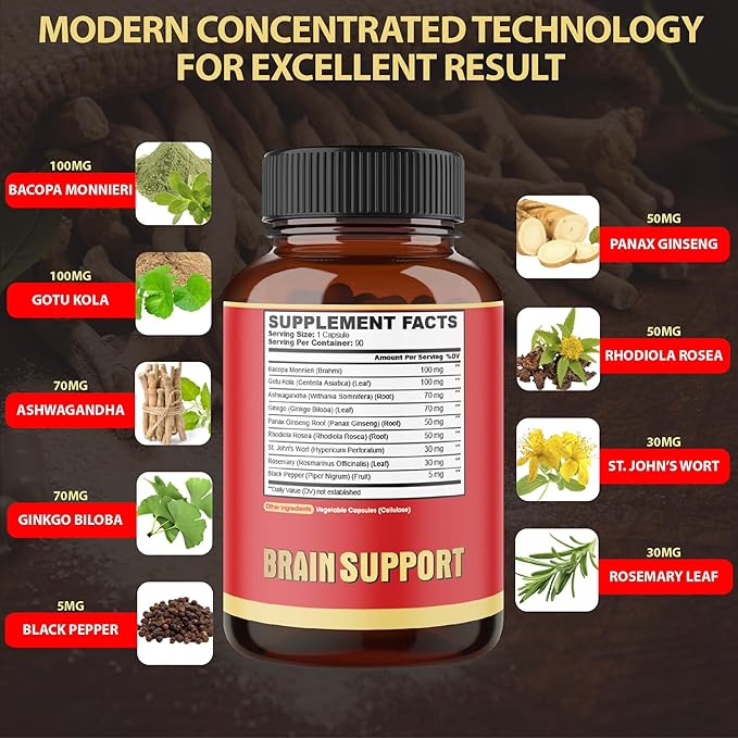 9in1 Brain Support Supplement - Concentrated Ashwagandha Root, Gotu Kola Powder, Bacopa Monnieri Powder and More - 90 Capsules - 3-Month Supply