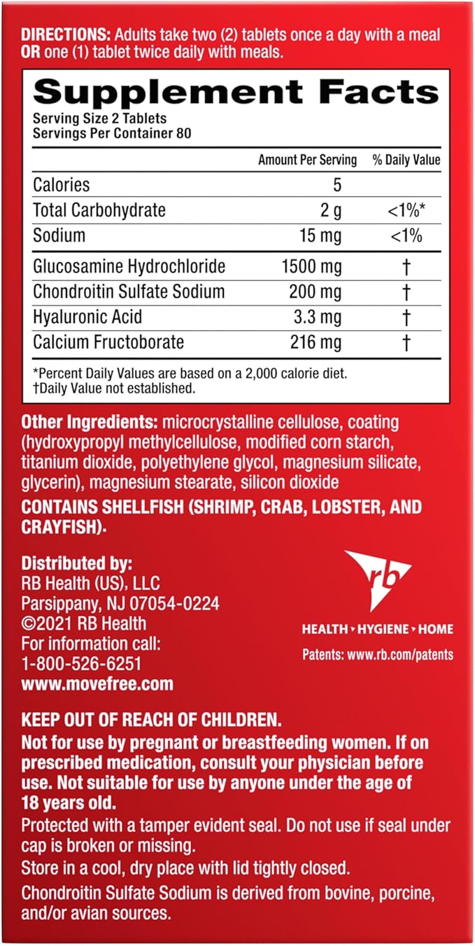 Move Free Advanced Glucosamine Chondroitin + Calcium Fructoborate Joint Support Supplement, Supports Mobility Comfort Strength Flexibility & Bone - 160 Tablets (80 servings)*