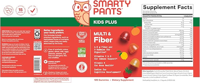 SmartyPants Kids Multivitamin & Fiber Gummies: Prebiotic Fiber to Support Kids Digestion with Vitamin D3, C, Vitamin B12, B6, A, Zinc, Biotin, Folate, Three Fruit Flavors, 120 Count (40 Day Supply)