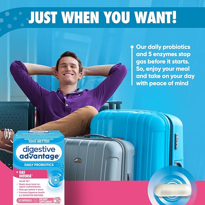 Digestive Enzyme and Probiotic Capsule- Digestive Advantage 32 Capsules, Survives 100x Better than regular 50 billion CFU, Breaks down food, helps prevent gas