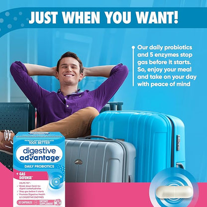 Digestive Enzyme and Probiotic Capsule- Digestive Advantage 32 Capsules, Survives 100x Better than regular 50 billion CFU, Breaks down food, helps prevent gas