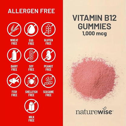 NatureWise Vitamin B12 Gummies for Adults, 1000 mcg - Strawberry Lemon Flavor - Supports Daily Energy, Mental Clarity, Cognitive Function - Vegan, Gluten-Free, Non-GMO - 60 Count[1-Month Supply]