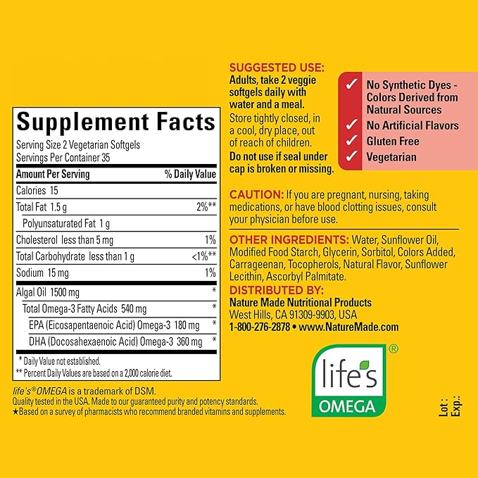 Nature Made Algae Oil Omega 3 Supplement 540mg, Omega 3 Fish Oil Alternative, 70 Veggie Softgels, Sustainable, Plant-Based, for Healthy Heart, Brain, and Eye Support, 70 Softgels
