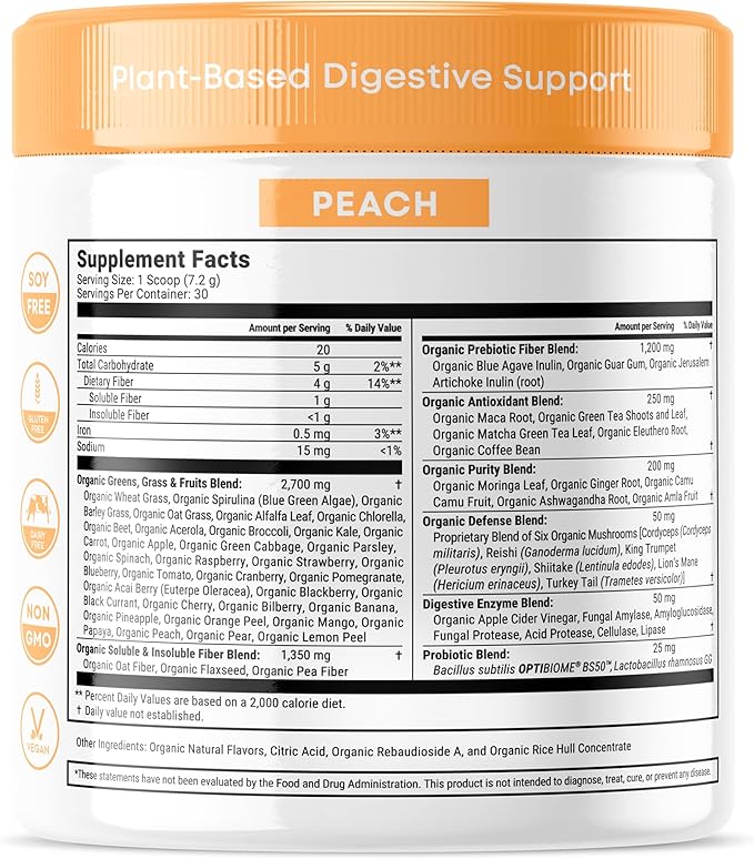 Júce Belly Bliss, Peachy Greens, 30 servings, Probiotics + Greens, Bloating Support with Plant-Based Digestive Enzymes, Dietary Supplement Powder - By Terra Kai Organics