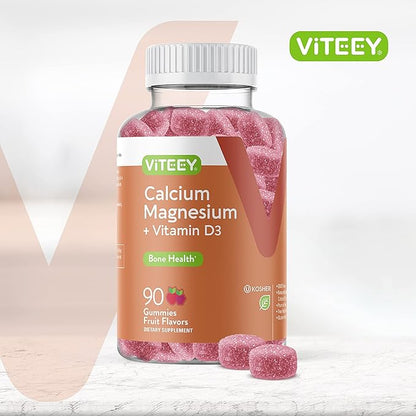 Viteey Calcium with Vitamin D3 & Magnesium - Supports Bone Health, Immune Support, Energy and Muscle Function - Dietary Vitamin Supplements, for Men Woman and Teens, Chewable Fruit Flavored Gummy