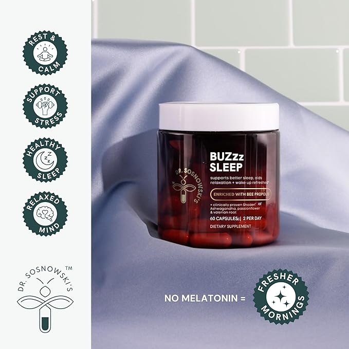 Dr Sosnowski's BUZzz Sleep Support with Bee Propolis Triple Action Sleep Formula for Calmer Nights and Refreshing Mornings, Vegetable Capsules, 60ct