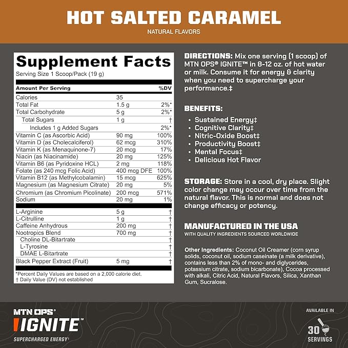 MTN OPS Hot Ignite Instant Coffee Nootropic & L-Arginine L-Citrulline for Cognitive Clarity, Mental Focus & Nitric-Oxide Boost | 200mg Caffeine per Serving, 30 Servings | Salted Caramel