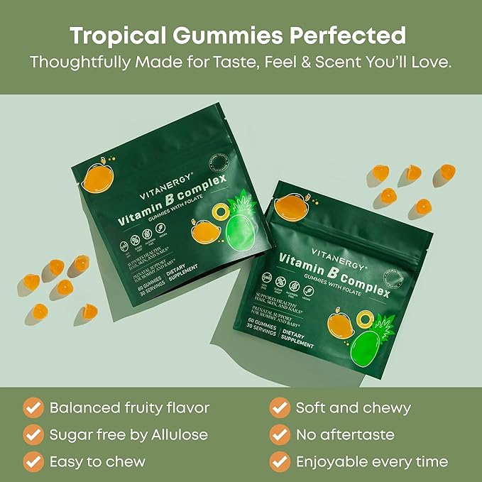 Vitamin B Complex Gummies for Women - 7 Essential Vitamins and Iron, Energy, Immune, Prenatal Support, Portable Pouch, Tropical Flavor, Made in USA, 60 Count