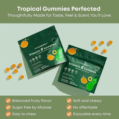 Vitamin B Complex Gummies for Women - 7 Essential Vitamins and Iron, Energy, Immune, Prenatal Support, Portable Pouch, Tropical Flavor, Made in USA, 60 Count
