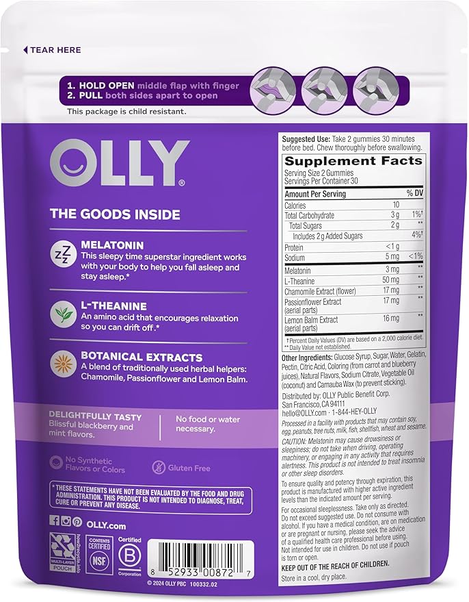OLLY Sleep Gummy, 3 mg Melatonin, L-Theanine, Chamomile, and Lemon Balm Extracts, Blackberry Flavor, 30 Day Supply - 60 Count