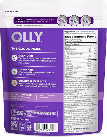 OLLY Sleep Gummy, 3 mg Melatonin, L-Theanine, Chamomile, and Lemon Balm Extracts, Blackberry Flavor, 30 Day Supply - 60 Count