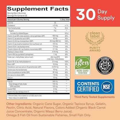 SmartyPants Kids Multivitamin Gummies: Omega 3 Fish Oil (EPA/DHA), Vitamin D3, C, Vitamin B12, B6, A, K & Zinc for Immune Support, Biotin, Grape, Cherry & Berry Flavors, 120 Count (30 Day Supply)