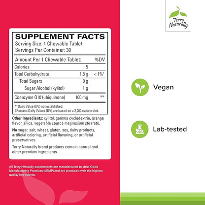 Terry Naturally CoQ10 Chewables - Cellular Energy Support Supplement - Higher Absorption CoQ10 Chewable Supplement - Nutritional Supplement to Aid Healthy Aging & Brain Health - 30 Chewables