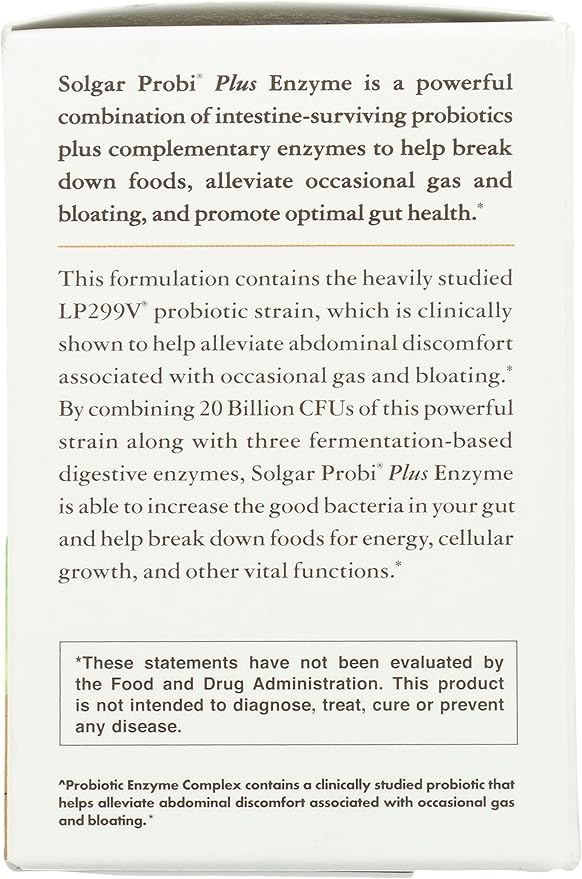 Solgar Probi Plus Enzyme Complex, 30 Capsules - 20 Billion CFU Probiotic Plus Enzymes - Once Daily - Clinically-Studied to Alleviate Occasional Gas & Bloating - Non-GMO & Dairy Free, 30 Servings