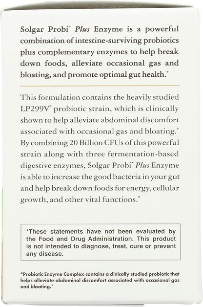 Solgar Probi Plus Enzyme Complex, 30 Capsules - 20 Billion CFU Probiotic Plus Enzymes - Once Daily - Clinically-Studied to Alleviate Occasional Gas & Bloating - Non-GMO & Dairy Free, 30 Servings