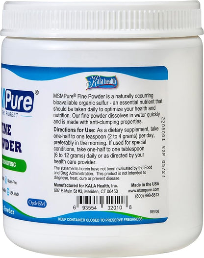 KALA HEALTH MSMPure Fast Dissolving Fine MSM Powder Crystals – US-Sourced MSM for Joint Health, Skin Appearance, and Hair & Nail Support – 1 lb, Organic Sulfur